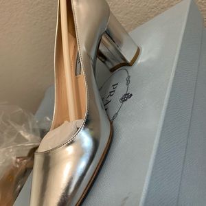 Prada Metallic Silver Block Heel Pumps